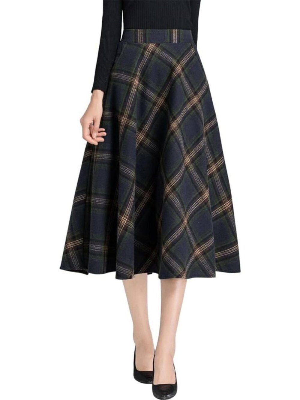 Plaid Wool A-Line Skirt for Women | Elastic Waist, Pleated Tartan Design, Long